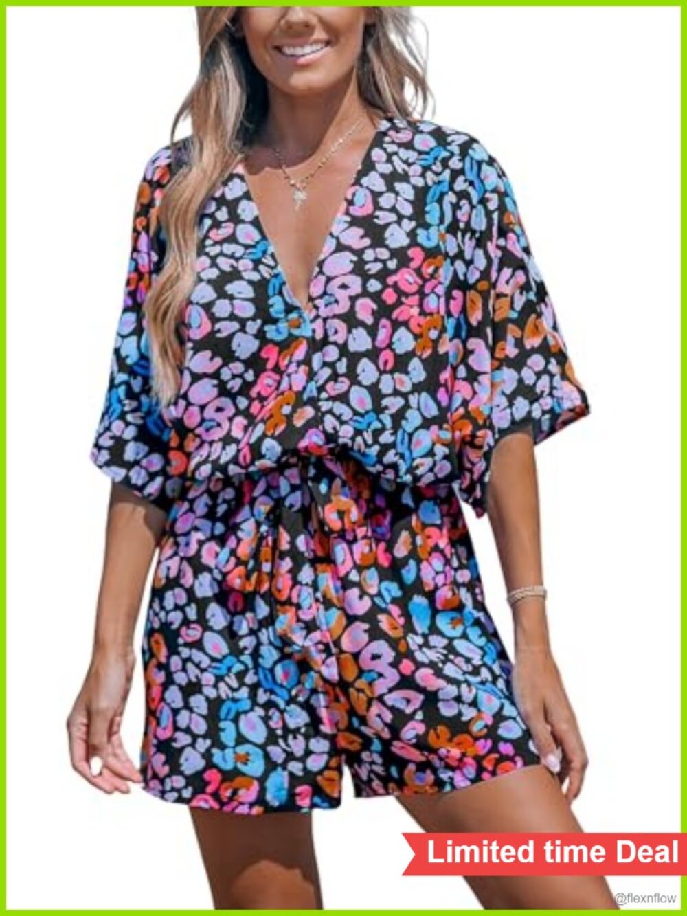 CUPSHE Summer Romper Lace Up Abstract Print V Neck Belted Loose Fit Mini